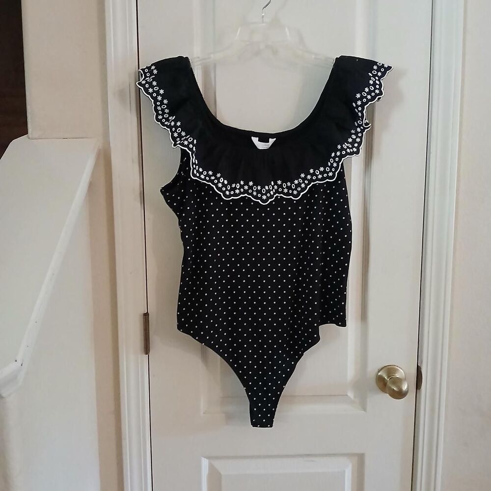 NWT Lauren Conrad Polka Dot Off Shoulder Ruffle Bodysuit XXL Retro Coquette